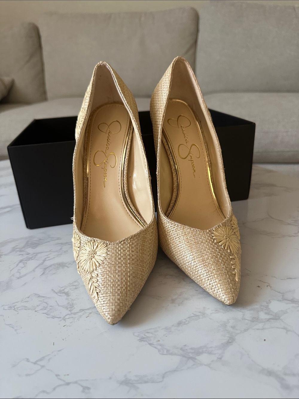 Jessica Simpson Metallic Gold Floral-Embroidered Pointed Toe Heels